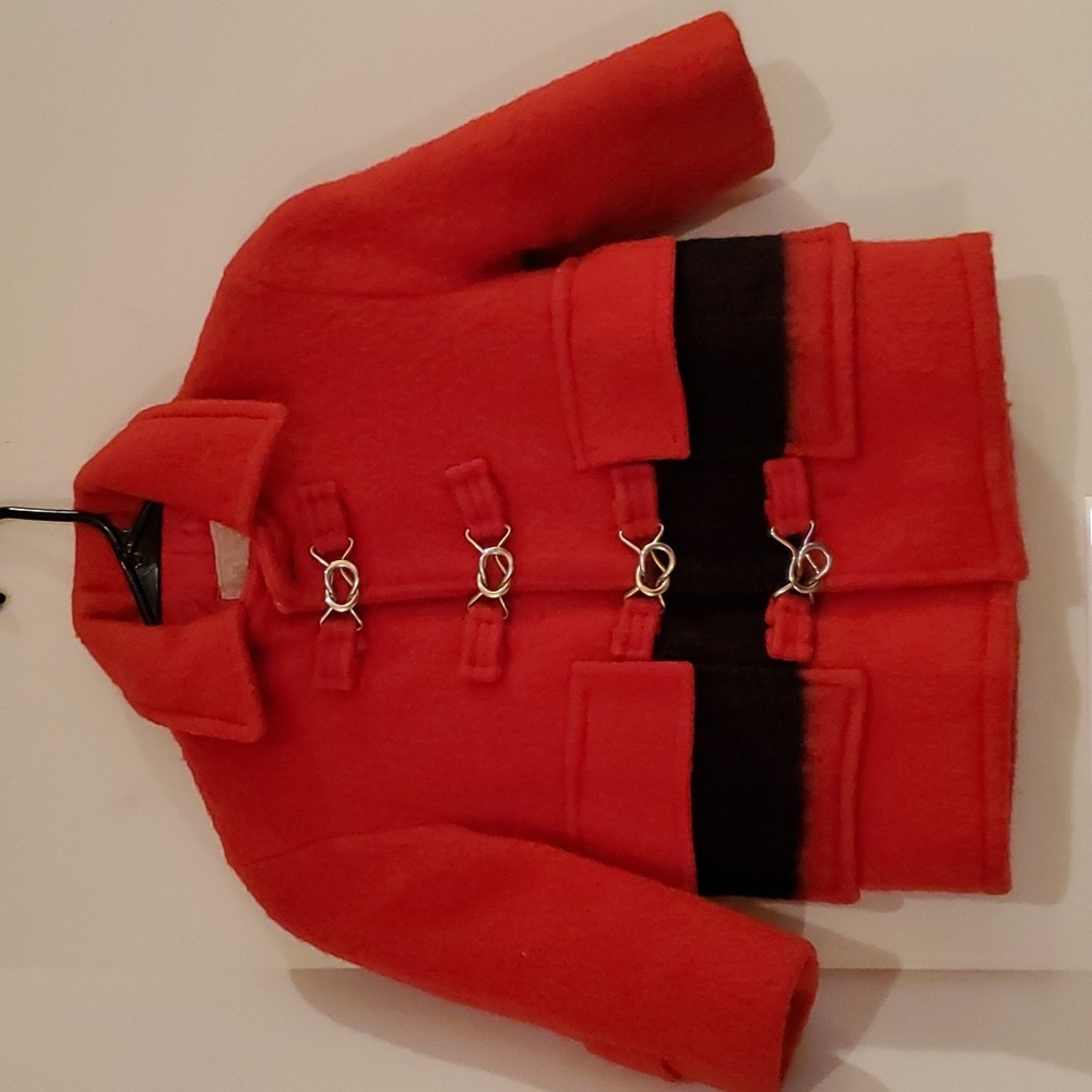 Vintage Hudson Bay Company 100% Wool Coat No Size Tag Red w/Black Stripe Detail